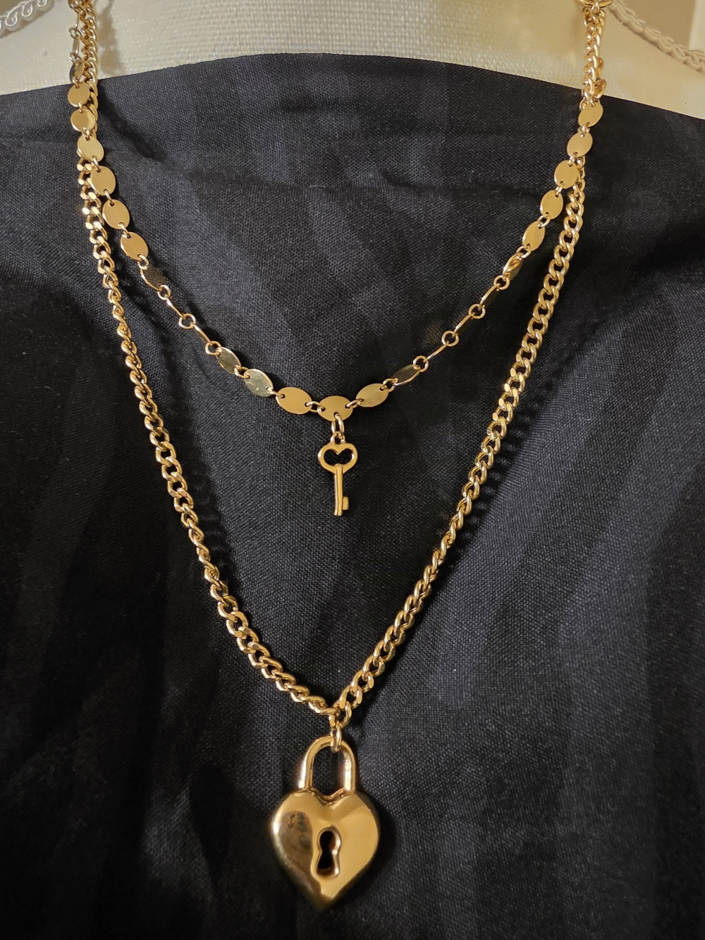 Gold Heart Padlock & Key Layered Necklace - Women Jewelry